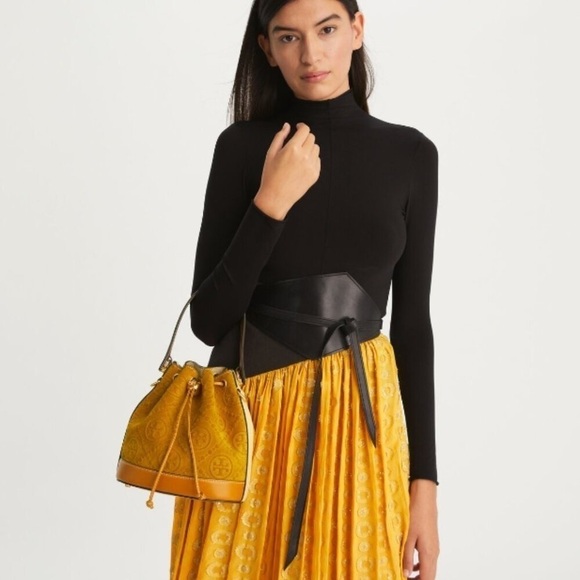 NWT! NEW! Tory Burch T-Monogram SUEDE EMBOSSED Bucket -large(Deep Sunflower) - Picture 8 of 15